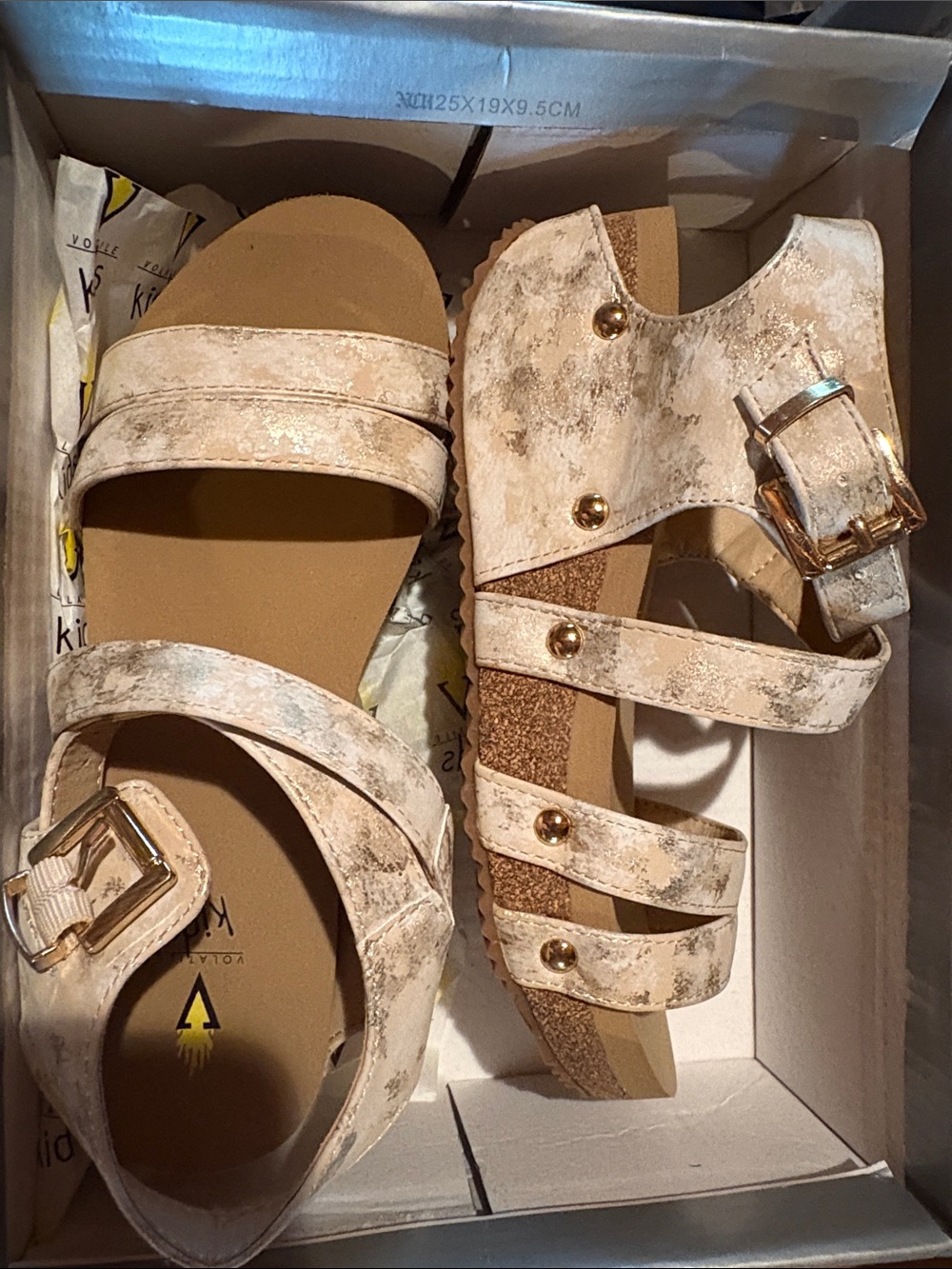 Volatile Metallic Ivory Strappy Platform Sandals with Gold Buckle